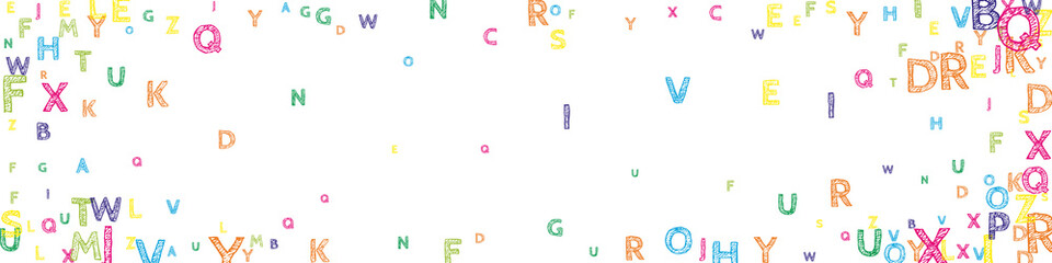 Falling letters of English language. Bright handdrawn flying words of Latin alphabet. Foreign languages study concept. Superb back to school banner on white background.