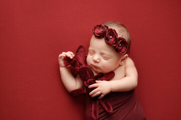 Newborn girl on a red background. Photoshoot for the newborn. A portrait of a beautiful newborn baby girl	