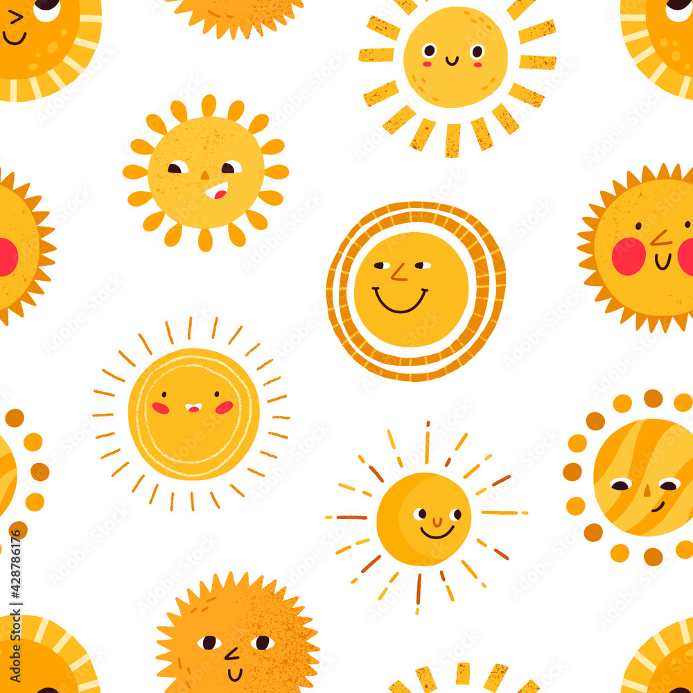 Poster seamless childish pattern with cute happy smiling sun characters on white background. design of repe