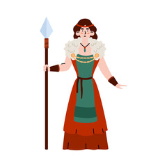 Viking woman warrior in costume with spear, flat vector illustration isolated.
