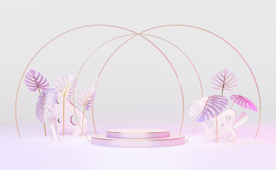 pink podium empty with leaf monstera in white composition for modern stage display and minimalist mockup ,abstract showcase background ,Concept 3d illustration or 3d render