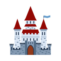 Obraz na płótnie Canvas Fantasy medieval brick stone castle flat cartoon vector illustration isolated.
