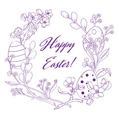 Easter frame from apple-tree willow flowers and forget-me-nots with congratulations