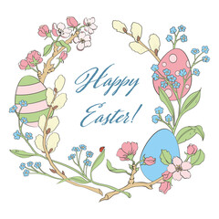 Easter frame from apple-tree willow flowers and forget-me-nots with congratulations