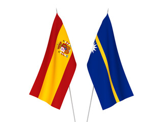 National fabric flags of Spain and Republic of Nauru isolated on white background. 3d rendering illustration.
