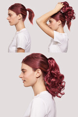Detail photo of hair extension stages: young lady with mahogany hair color is fixing false curly ponytail on her head. Natural looking strands for hair extension match girl's hair color.