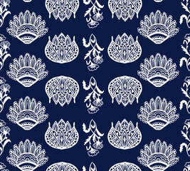 Abstract floral mehndi seamless repeat pattern. Traditional vertical vector graphic all over print with blue background.