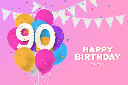 Happy 90th birthday balloons greeting card background. 90 years anniversary. 90th celebrating with confetti. Illustration stock