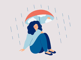 Inner world Concept.  Happy woman protects herself from the rain with an umbrella with a blue sky and sun. Mental health vector illustration © Mary Long