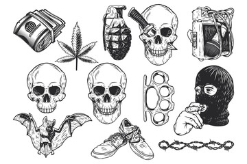 Isolated illustrations set - money, weed, grenade, skull, speaker and microphone, bat, sneakers, brass knuckles, barbed wire, robber masked gangster