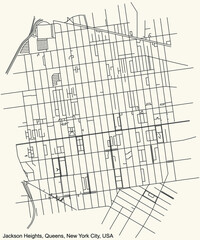 Black simple detailed street roads map on vintage beige background of the quarter Jackson Heights neighborhood of the Queens borough of New York City, USA