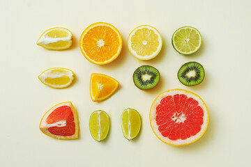 Mixed summer fruits on yellow background in geometric order - Lemon, orange, lime and grapefruit cut into pieces - Minimal trendy concept