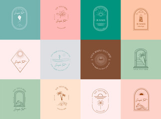 Collection of Summer Boho linear logos, symbols, icons design template. Editable vector logotype.