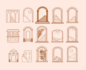Collection of Summer Boho linear symbols, icons design. Arch, column, stairs, with landscape. Editable Vector Illustration.