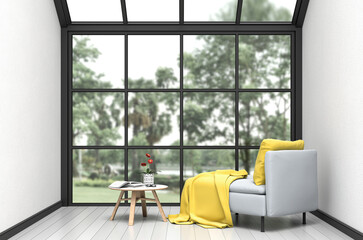 Interior living room and park landscape. 3D render