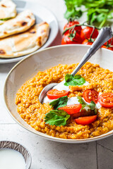 Vegan lentil soup with cilantro and tomato. Dal soup with tomatoes. Indian cuisine concept.
