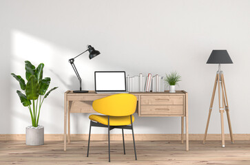 3D render of interior modern living room workspace with desk and laptop computer