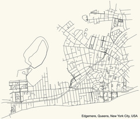 Black simple detailed street roads map on vintage beige background of the quarter Edgemere neighborhood of the Queens borough of New York City, USA