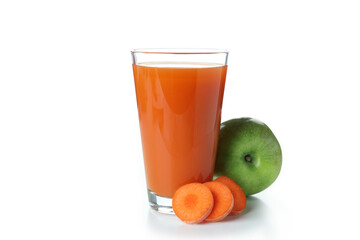 Glass of juice and ingredients isolated on white background