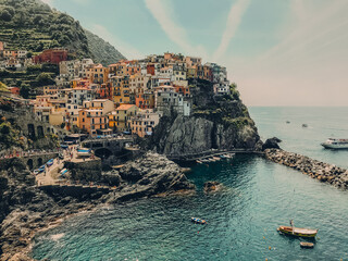 Cinque Terre fragment of Ligurian Bruschetta, beautiful view of the Ligurian coast, photo from a...