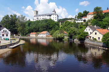 Fototapeta na wymiar rozmberk castle at the Vltava river in Southern Bohemia, Czech Republik 