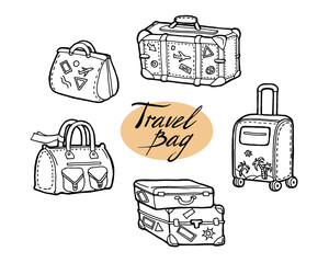Set of hand drawn outline cartoon illustration of travel luggage. Vector Sketch style,  isolated on white background, elements for design