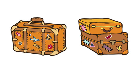 retro hand luggage for travel drawn in cartoon style. Vector clip art