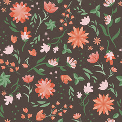 Seamless floral print with bright fairy flowers,. Vector folklore ornament for fabric.