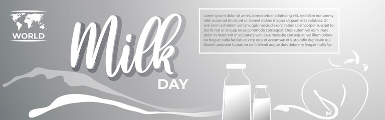 VECTOR ILLUSTRATION FOR WORLD MILK DAY, FRESH MILK BOTTLES, WORLD MAP, WORLD DAY MILK LETTERING , DESIGNER CALLIGRAPHY TEXT WITH COW