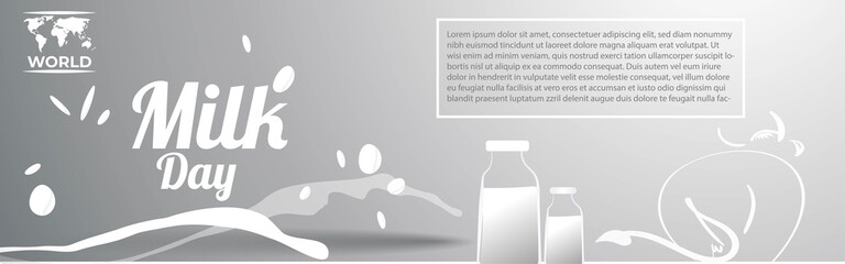 VECTOR ILLUSTRATION FOR WORLD MILK DAY, FRESH MILK BOTTLES, WORLD MAP, WORLD DAY MILK LETTERING , DESIGNER CALLIGRAPHY TEXT WITH COW