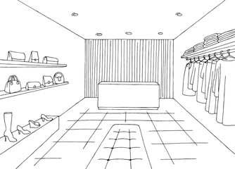 Shop interior store graphic black white sketch illustration vector 