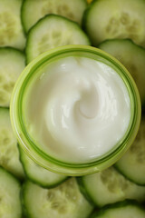 Cosmetic gel and cucumber slices, close up