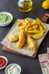 Fish and chips on a dark background. British fast food. Recipes. Snack to beer. English cuisine.
