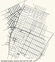 Black simple detailed street roads map on vintage beige background of the quarter Springfield Gardens neighborhood of the Queens borough of New York City, USA