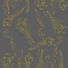 seamless pattern with yellow tulips on a gray bacground