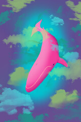 Cartoon pink whale in colored clouds, raster, vertical format