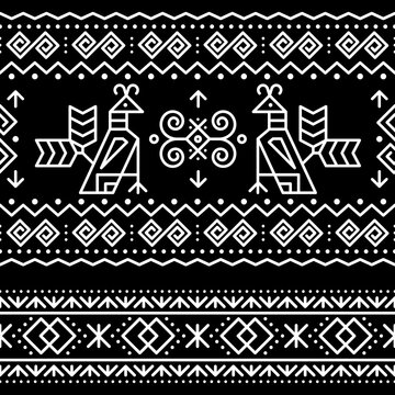 Slovak tribal folk art vector seamless geometric two patterns with brids swirls, zig-zag shapes inspired by traditional painted art from village Cicmany in Zilina region, Slovakia
	