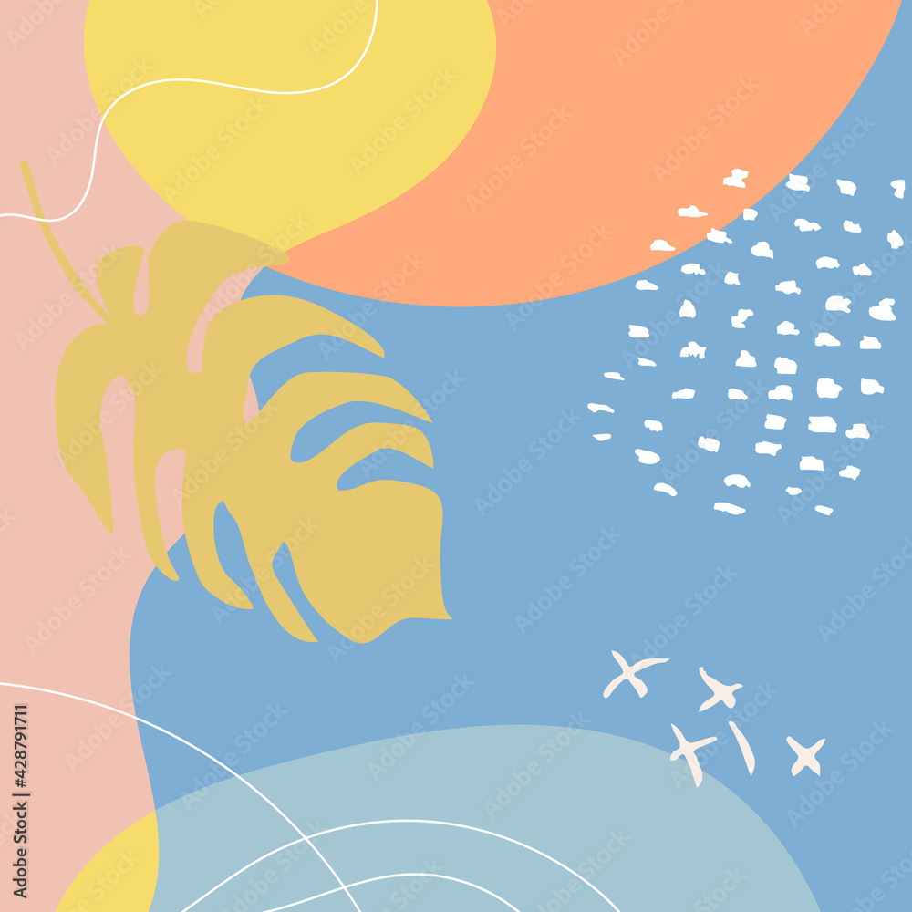 Poster abstract tropical background vector with palm leaf and shapes, lines and doodles in pastel colors