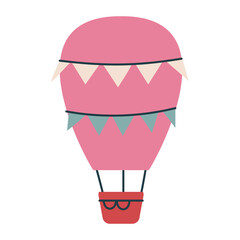 Cute pink balloon transport with flags. Vector print for children. Flight in the sky. Minimalism for the nursery or print. Childish art clipart isolated