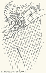 Black simple detailed street roads map on vintage beige background of the quarter Glen Oaks neighborhood of the Queens borough of New York City, USA
