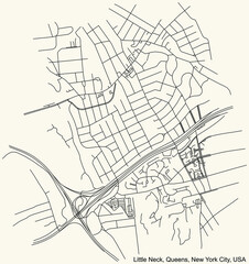 Black simple detailed street roads map on vintage beige background of the quarter Little Neck neighborhood of the Queens borough of New York City, USA