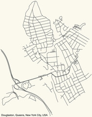 Black simple detailed street roads map on vintage beige background of the quarter Douglaston neighborhood of the Queens borough of New York City, USA
