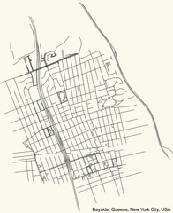 Black simple detailed street roads map on vintage beige background of the quarter Bayside neighborhood of the Queens borough of New York City, USA