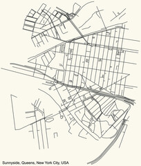 Black simple detailed street roads map on vintage beige background of the quarter Sunnyside neighborhood of the Queens borough of New York City, USA