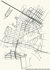 Black simple detailed street roads map on vintage beige background of the quarter Long Island City neighborhood of the Queens borough of New York City, USA
