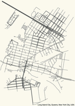 Black Simple Detailed Street Roads Map On Vintage Beige Background Of The Quarter Long Island City Neighborhood Of The Queens Borough Of New York City, USA