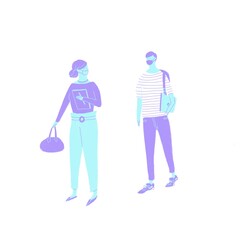 マスクをしたタブレットを持った女性と、ノートパソコンを小脇に抱えた男性