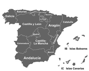 Fototapeta na wymiar Landkarte von Spanien Balearen und Kanaren mit Provinzen
