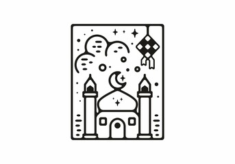Black line art illustration of mosque in ramadan theme
