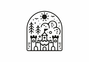 Black line art illustration of castle badge